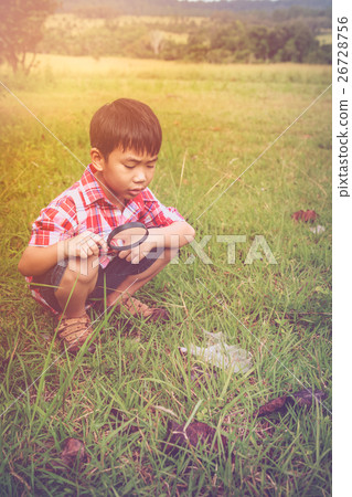 Young boy exploring nature with magnifying glass.  26728756
