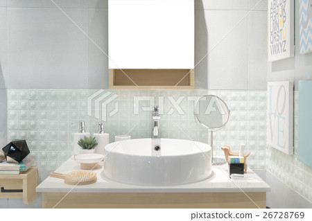 Interior of bathroom with sink faucet and mirror. Interior of bathroom with sink faucet and mirror. 26728769