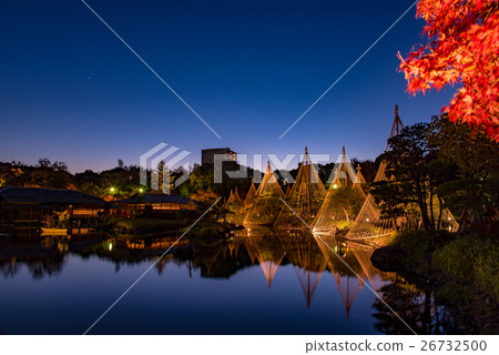 名古屋秋天和茶室輕的池塘的天鵝庭院有垂懸湖和的雪的 26732500