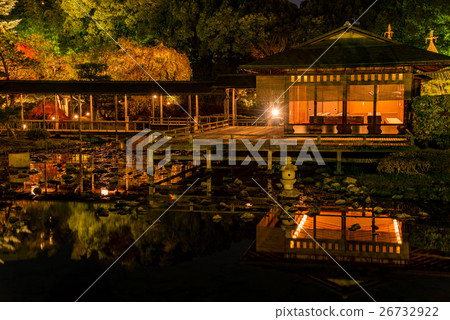 Swan garden in Nagoya autumn and tea room light pond with lake and snow hanging up 26732922