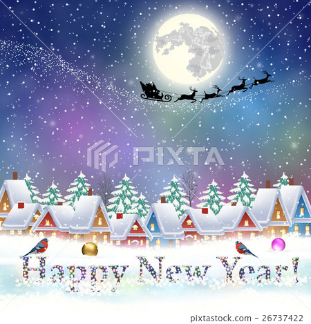 Christmas vintage greeting card on winter village Christmas vintage greeting card on winter village 26737422