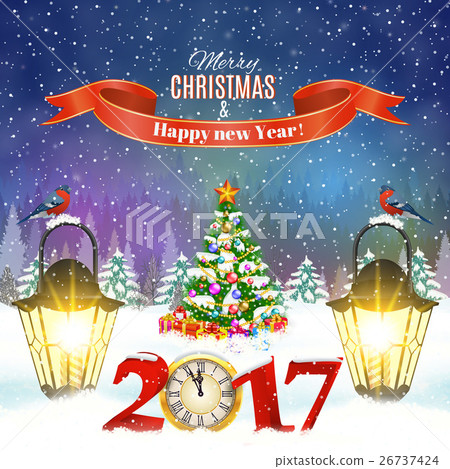 Christmas vintage greeting card on winter village 26737424