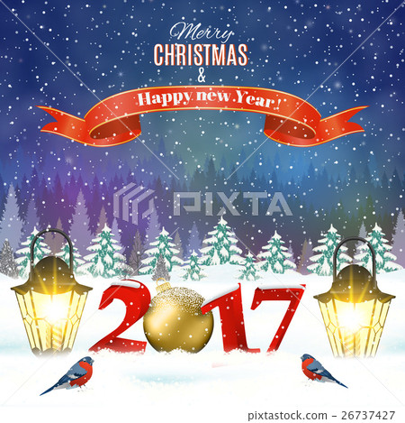 Christmas vintage greeting card on winter village Christmas vintage greeting card on winter village 26737427