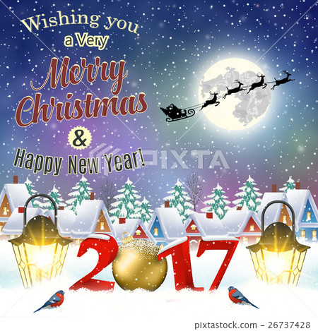 Christmas vintage greeting card on winter village Christmas vintage greeting card on winter village 26737428