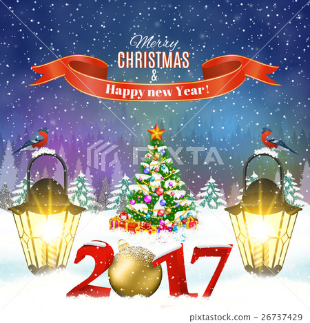 Christmas vintage greeting card on winter village Christmas vintage greeting card on winter village 26737429