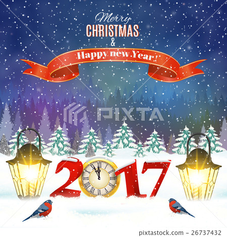 Christmas vintage greeting card on winter village Christmas vintage greeting card on winter village 26737432