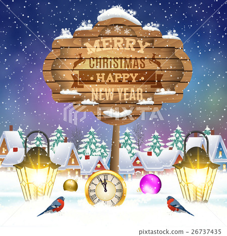 Christmas vintage greeting card on winter village Christmas vintage greeting card on winter village 26737435