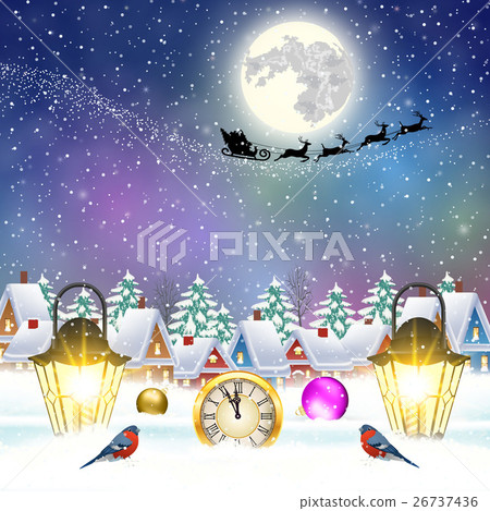Christmas vintage greeting card on winter village Christmas vintage greeting card on winter village 26737436