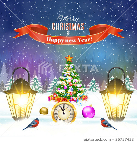 Christmas vintage greeting card on winter village Christmas vintage greeting card on winter village 26737438