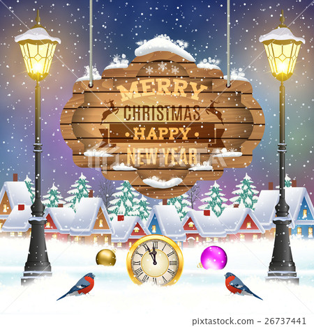 Christmas vintage greeting card on winter village 26737441