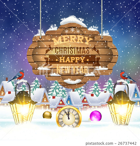 Christmas vintage greeting card on winter village Christmas vintage greeting card on winter village 26737442