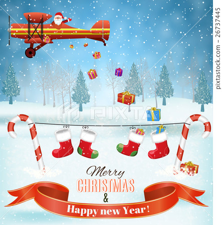 Silhouett Santa Claus sleigh with reindeer fly 26737445