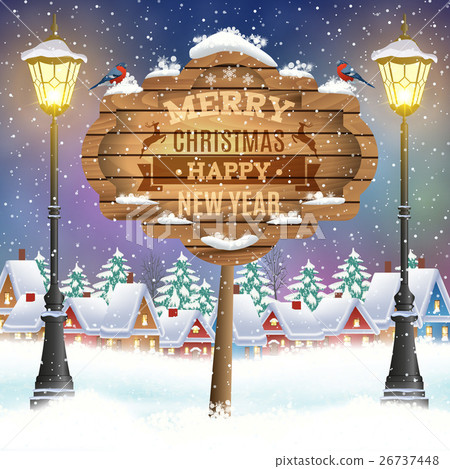 Christmas vintage greeting card on winter village Christmas vintage greeting card on winter village 26737448