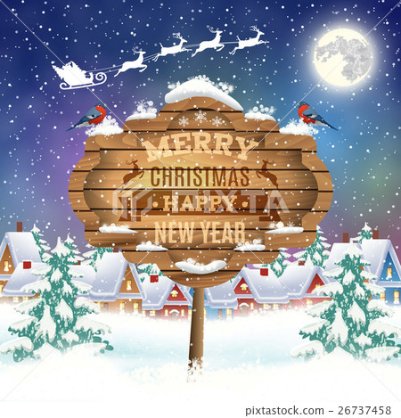 Christmas vintage greeting card on winter village 26737458