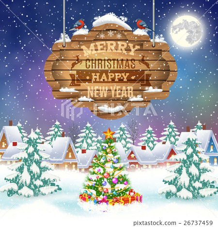 Christmas vintage greeting card on winter village Christmas vintage greeting card on winter village 26737459