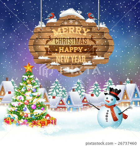 Christmas vintage greeting card on winter village Christmas vintage greeting card on winter village 26737460