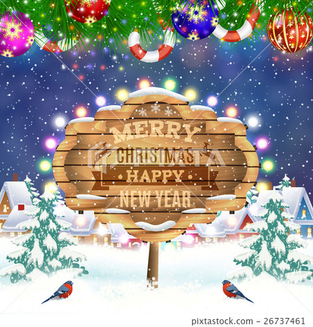 Christmas vintage greeting card on winter village Christmas vintage greeting card on winter village 26737461