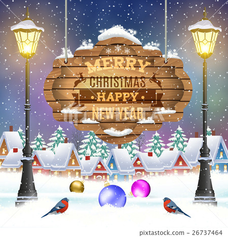 Christmas vintage greeting card on winter village Christmas vintage greeting card on winter village 26737464