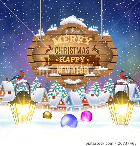 Christmas vintage greeting card on winter village Christmas vintage greeting card on winter village 26737465