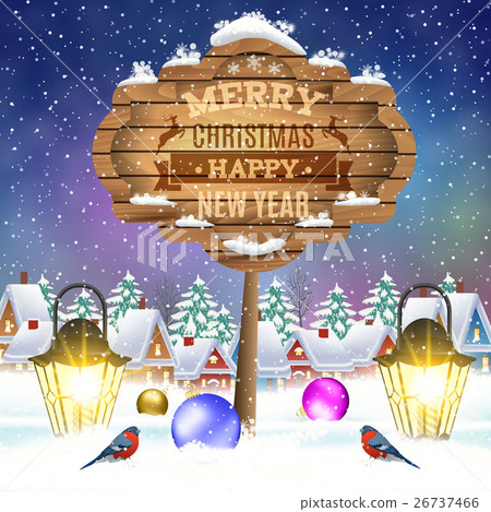 Christmas vintage greeting card on winter village Christmas vintage greeting card on winter village 26737466