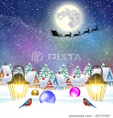 Christmas vintage greeting card on winter village 26737467