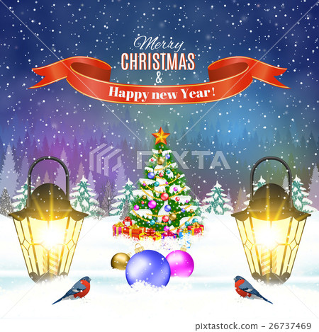 Christmas vintage greeting card on winter village 26737469