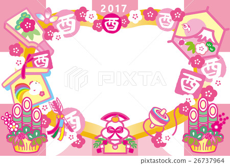 相框新年卡2017年公雞杯神風Hattoi板Kadomatsu富士山HappyNewYear粉紅 26737964