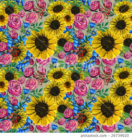 Seamless pattern with blue yellow and pink flowers Seamless pattern with blue yellow and pink flowers 26739020