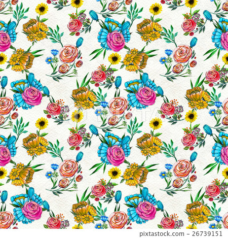 Seamless pattern with blue yellow and pink flowers Seamless pattern with blue yellow and pink flowers 26739151
