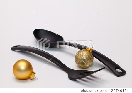 Black fork and spoon and christmas decoration Black fork and spoon and christmas decoration 26740554