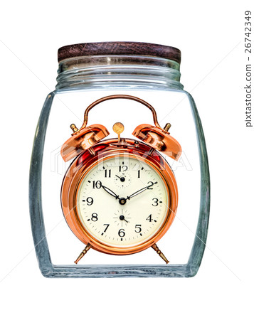 Canned time concept.Retro Clock preserved in glass 26742349