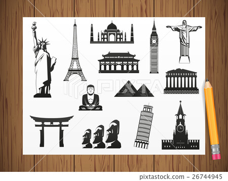 World landmarks icons on paper in work progress World landmarks icons on paper in work progress 26744945