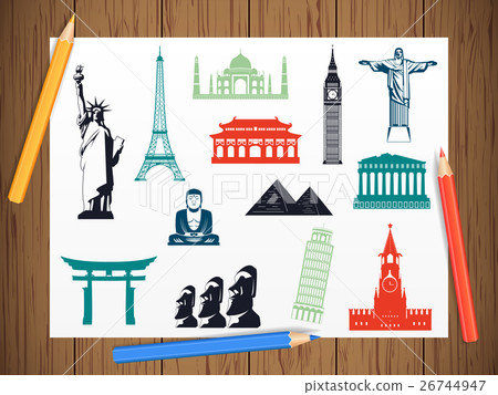 World landmarks icons on paper in work progress 26744947