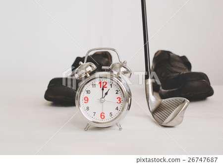 golf club and alarm clock with business leather 26747687