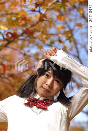 High school students with autumn leaves and twin tails High school students with autumn leaves and twin tails 26748475