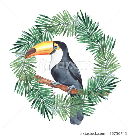 Palm leaves and toucan. Wreath 1. Watercolor Palm leaves and toucan. Wreath 1. Watercolor 26750743