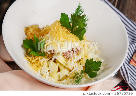 Salad with ham, cheese, egg and apple 26750789