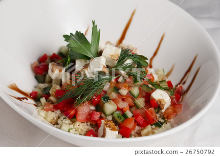 Plate of salad with feta, pepper, tomato, cucumber Plate of salad with feta, pepper, tomato, cucumber 26750792