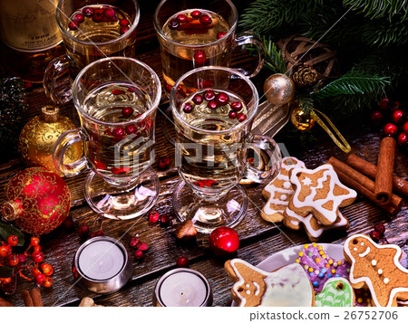 Christmas still life of four glasses, hot tea. 26752706