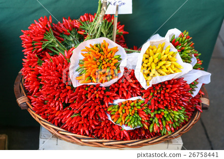 basket with hot pepper on vegetable market 26758441