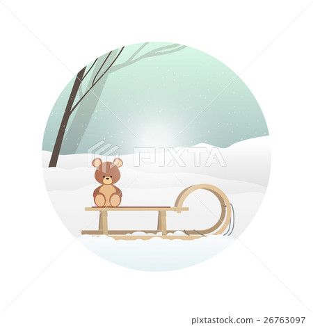 Teddy bear on sled. New Year winter holiday. Teddy bear on sled. New Year winter holiday. 26763097