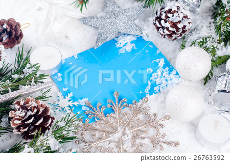 Christmas card with decorated fir tree on snow. Christmas card with decorated fir tree on snow. 26763592
