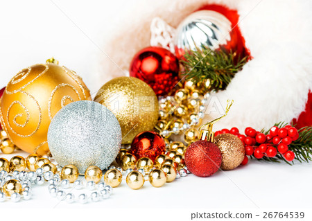 Stock Photo: Gold Christmas balls on white