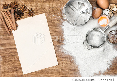 Food background Baking tools ingredients Dough Food background Baking tools ingredients Dough 26765751