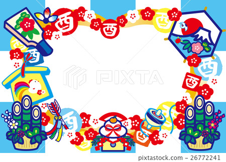 照片新年賀卡2017年鱒魚年無憂無慮的Kagami飯帽子板Kadomatsu Mt. Fuji HappyNewYear Blue 26772241