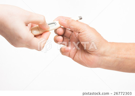A woman's hand that hands a thermometer to an old man 26772303