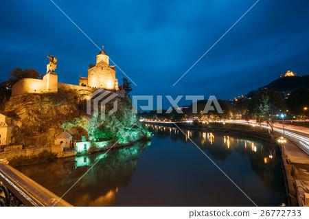 Evening Illuminated View Of Metekhi Church, Statue 26772733
