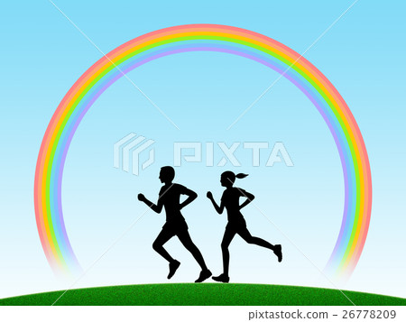 A couple's silhouette of a rainbow ring and a jogging A couple's silhouette of a rainbow ring and a jogging 26778209