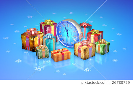 Christmas gifts. Beautiful boxes, clock. New Year 26780739