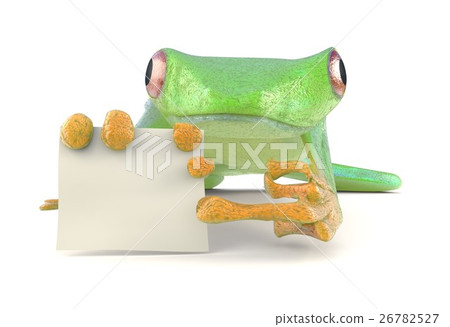 Green tree red eye frog with a blank sign pointing Green tree red eye frog with a blank sign pointing 26782527